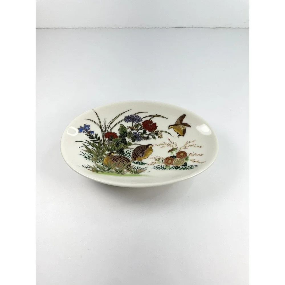 Vintage pedestal pheasants Flowers trinket soap dish porcelain crackle glaze